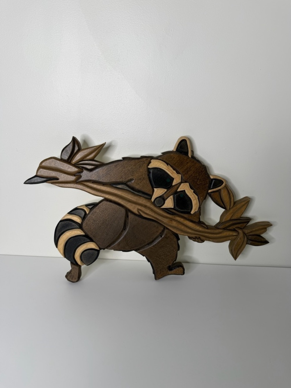 Vintage Raccoon Intarsia Wood Art - 3D Handcrafted Wall Hanging